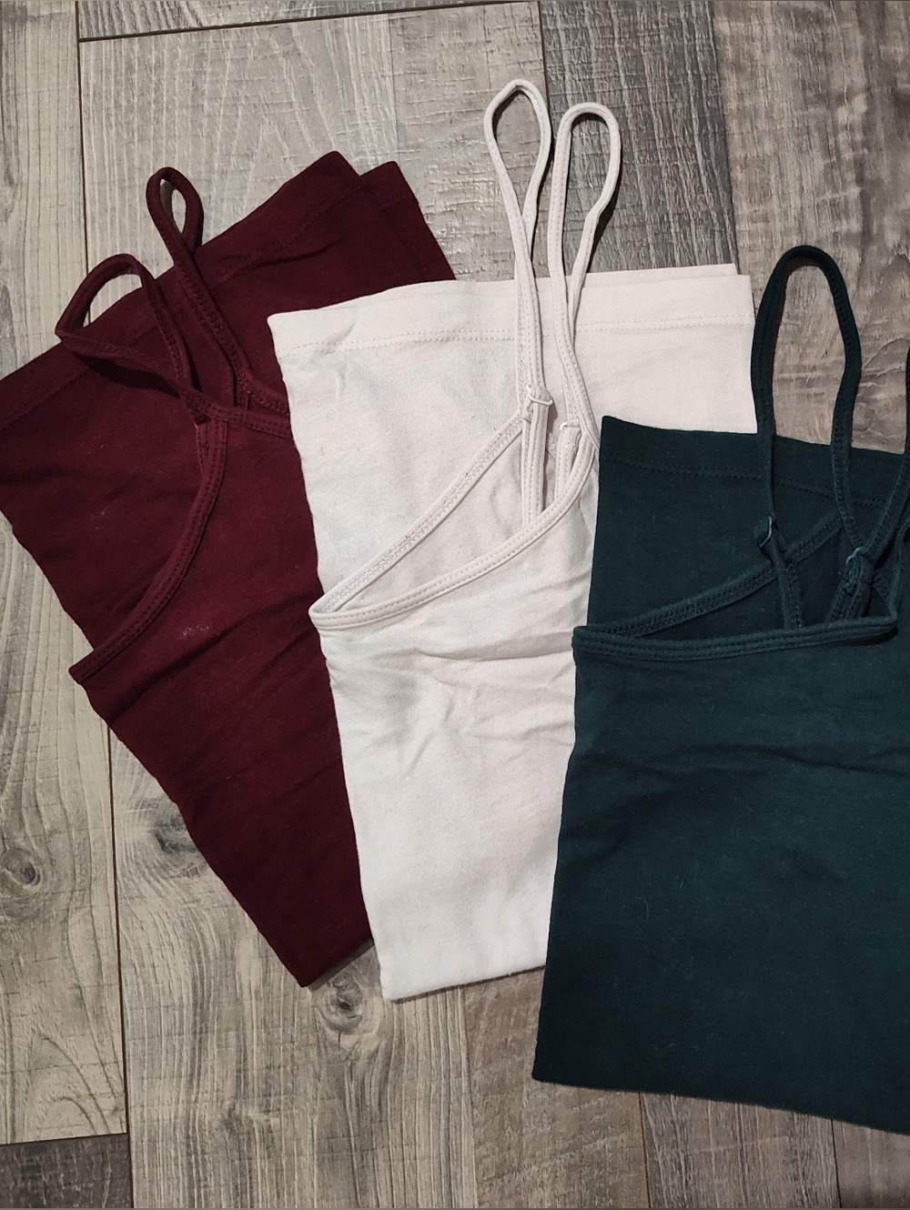 3 Spaghetti Strap Tank Tops - Burgundy, White, Forest Green